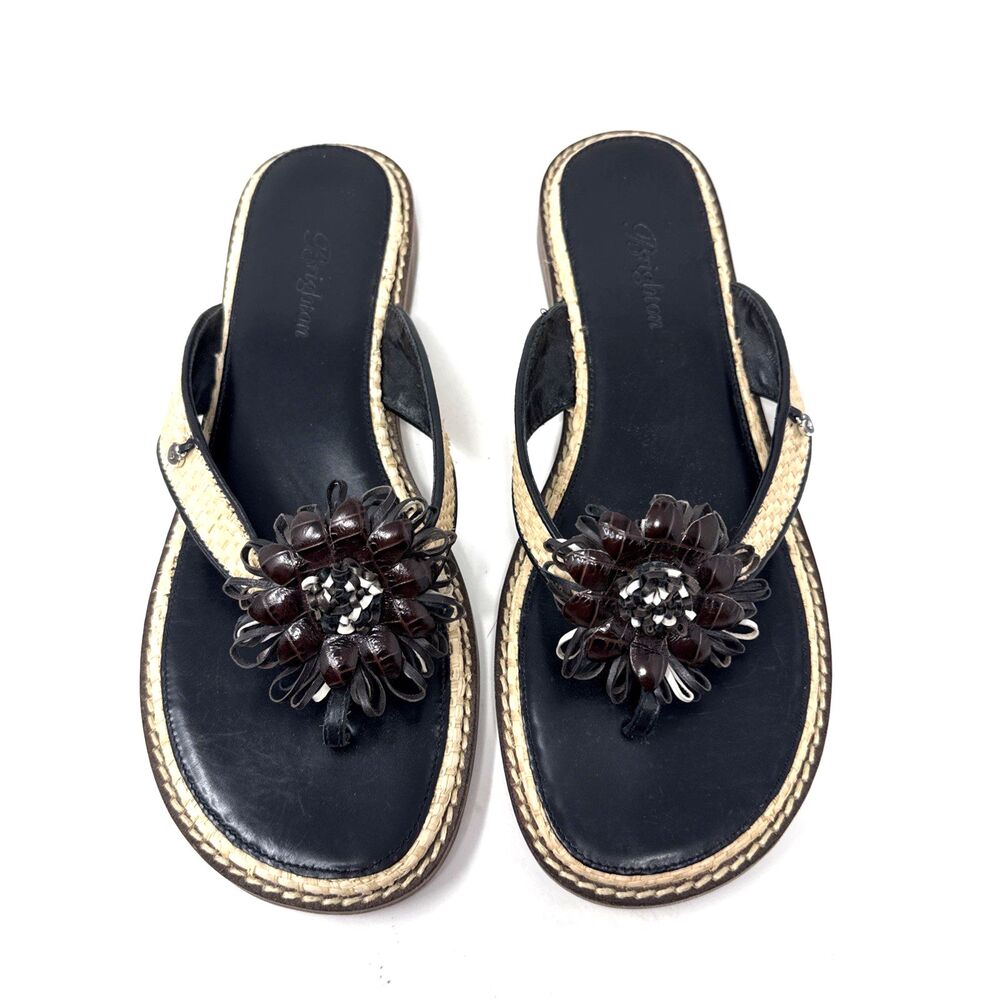 Brighton Orchid Leather Rafia Thong Sandals Womens Sz 8.5 Brown Flower Flip Flop